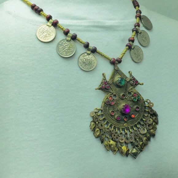 Vintage Coins Pendant Necklace, Metal And Wooden Beaded Chain Necklace - Picture 3 of 12